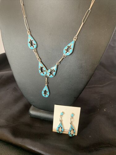 Southwestern Zuni Blue Turquoise Inlay Necklace | Sterling Silver | 19" | Native American Handmade | 11911