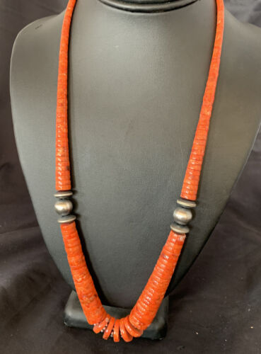 Navajo Apple Sponge Coral Bead Graduated Necklace | Sterling Silver | Authentic Native American | 25" | 11752