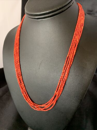 Natural Red Coral Rice Heishi Beads Necklace | 5 Strand | Sterling Silver | 20" | 12927