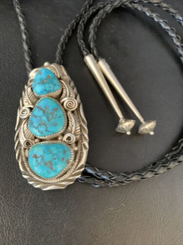Ultra Rare Navajo Men's Bolo Tie | Blue Kingman Turquoise | Sterling Silver | Native American Handmade | 13668
