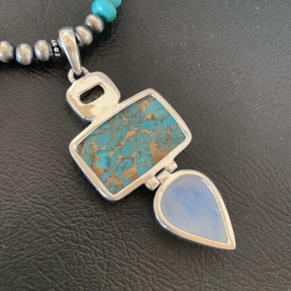 Navajo Pearls Necklace with Blue Mojave Turquoise Moon Pendant | Authentic Native American Sterling Silver | Multi-Stone | 11867