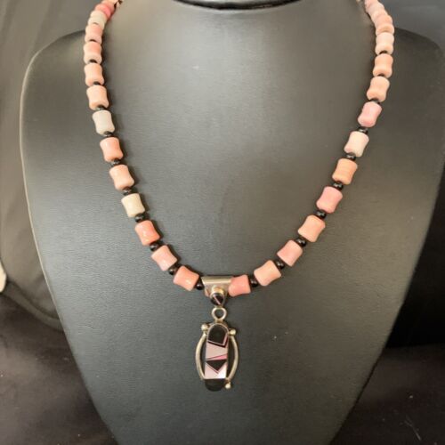 Pink Coral, Onyx & Mother of Pearl Inlay Pendant Necklace | Navajo Sterling Silver Bead | Authentic Native American | 13733