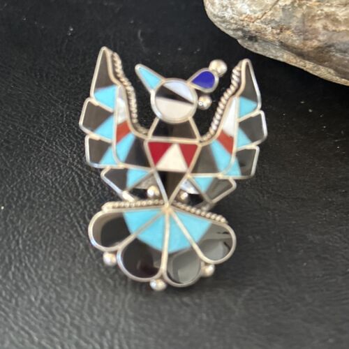 Zuni Peyote Bird Ring | Sterling Silver Turquoise Onyx Mother of Pearl Inlay | Sz 7.5 | 14448