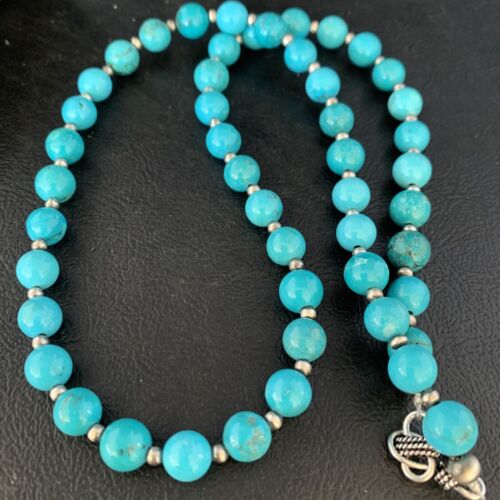 Navajo Blue Turquoise Round Bead Necklace | Sterling Silver | 21" | Authentic Native American Handmade | 13803