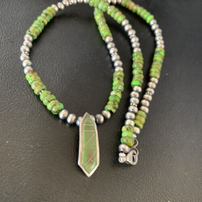 Navajo Green Gaspeite Turquoise Inlay Pendant | Sterling Silver | Authentic Native American Handmade | 13270