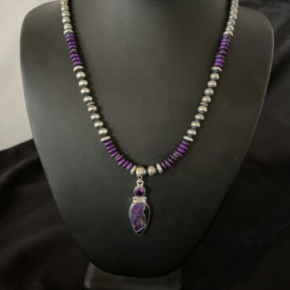 Navajo Pearls Necklace with Purple Sugilite Pendant | Sterling Silver | Multi-Stone | 11334