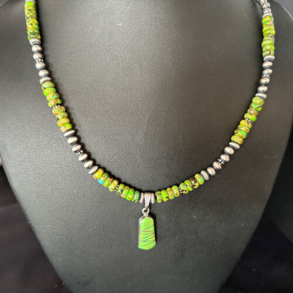 Navajo Green Turquoise Necklace Pendant | Sterling Silver | 22" | Authentic Native American Handmade | 14605