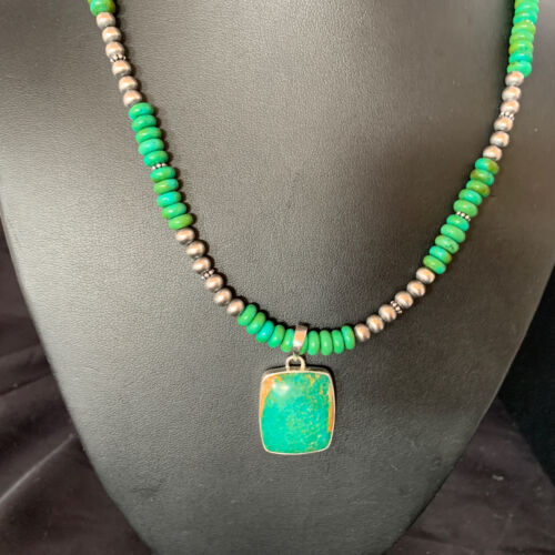 Navajo Green Turquoise Pendant Necklace | Sterling Silver Beads | Authentic Native American Handmade | 13305