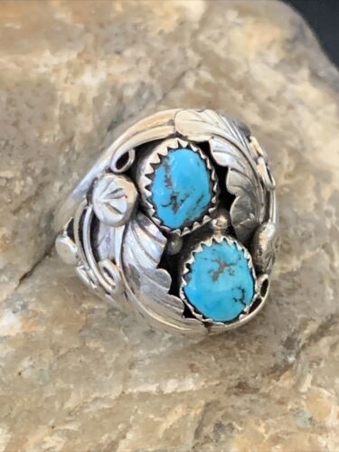 Navajo Blue Kingman Turquoise Feather Ring | Authentic Native American Sterling Silver | Multi-Stone | Sz 12 | 12225