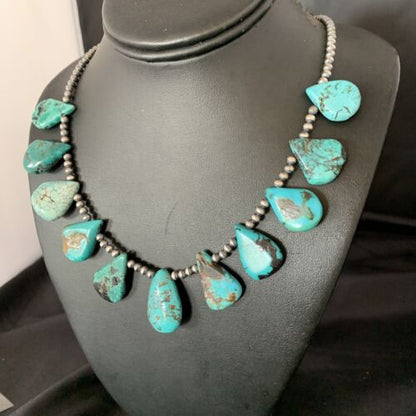 Southwestern Navajo Pearls Necklace | Sterling Silver Blue Turquoise Teardrop | 13151