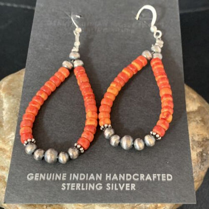 Navajo Red Spiny Oyster Hoop Earrings | Sterling Silver | Authentic Native American Handmade | 13499