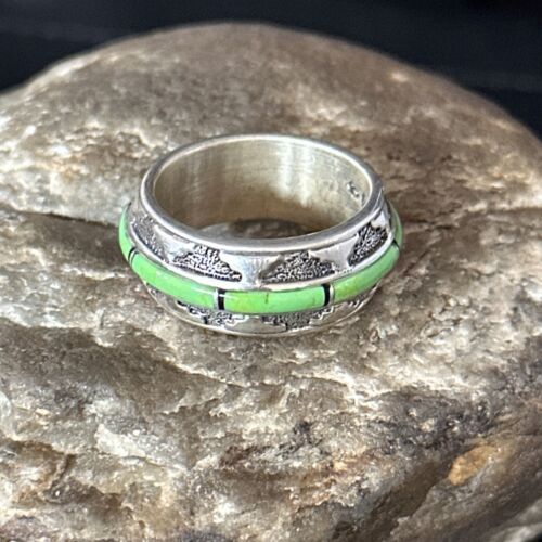 Navajo Green Gaspeite Inlay Eternity Band Ring | Sterling Silver | Sz 9.5 | Authentic Native American Handmade | 14548