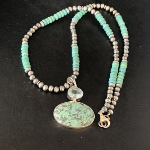 Navajo Pearls Necklace with Blue Spiderweb Turquoise Pendant | Sterling Silver | 13910