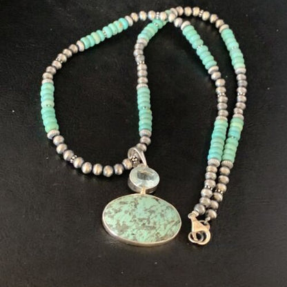 Navajo Pearls Necklace with Blue Spiderweb Turquoise Pendant | Sterling Silver | 13910