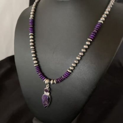 Navajo Pearls Necklace with Purple Sugilite Pendant | Sterling Silver | Multi-Stone | 11334