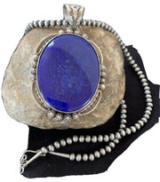 Men's Lapis Lazuli Pendant | Navajo Pearls Sterling Silver Necklace | Authentic Native American Handmade | 1282