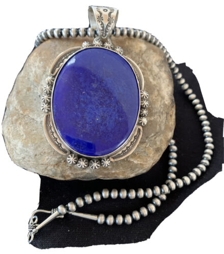 Men's Lapis Lazuli Pendant | Navajo Pearls Sterling Silver Necklace | Authentic Native American Handmade | 1282