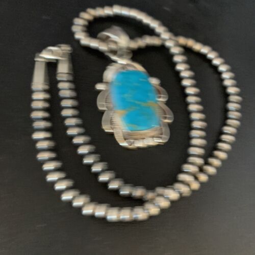 Men's Navajo Blue Kingman Turquoise Pendant Necklace | Sterling Silver | Authentic Native American Handmade | 13665