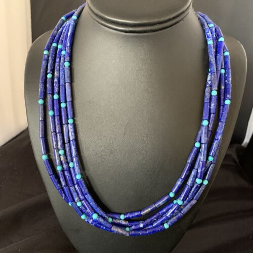 Womens Mens Sterling Silver Blue Denim Lapis Turquoise 5S Necklace 22” 13405