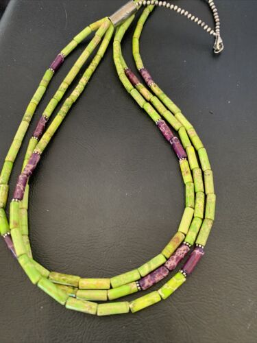 Navajo Green Purple Jasper 3-Strand Bead Necklace | Sterling Silver | 24" | Authentic Native American Handmade | 12511