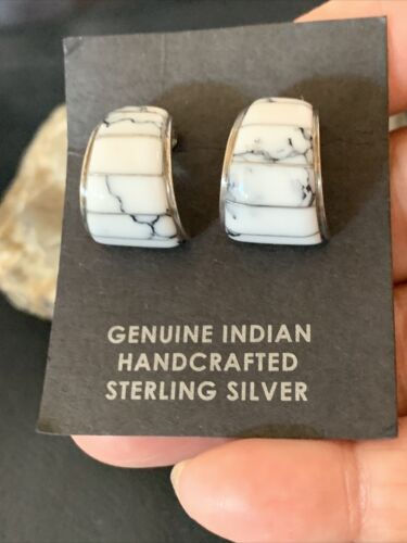 Navajo White Buffalo Turquoise Inlay Earrings | Sterling Silver | 0.5" | Authentic Native American Handmade | 12996