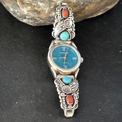 Navajo Blue Turquoise & Coral Watch Tips | Sterling Silver | Authentic Native American Jewelry | 14325