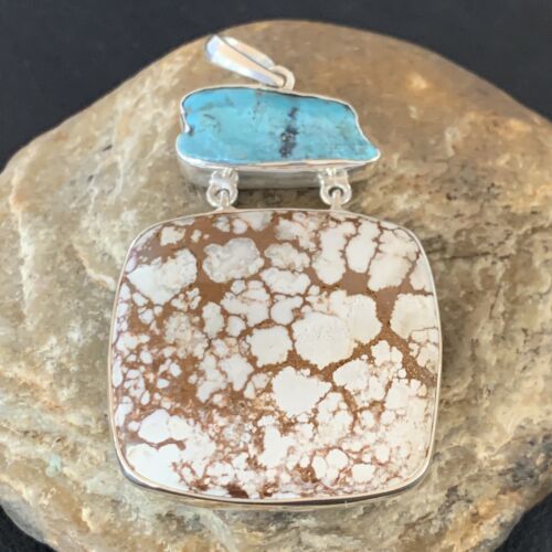 Navajo Wild Horse & Blue Kingman Turquoise Sterling Silver Pendant | Multi-Stone | 12042
