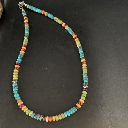 Navajo Blue Turquoise & Orange Spiny Oyster Necklace | Sterling Silver | 18" | 13433