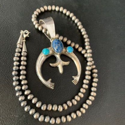 Navajo Sterling Silver Pendant Necklace | Denim Lapis & Turquoise | Authentic Native American Handmade | 13633