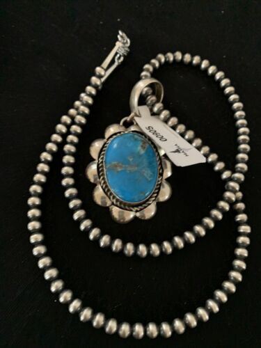 Men's Navajo Pearl Necklace with Blue Kingman Turquoise Pendant | Sterling Silver | 00905