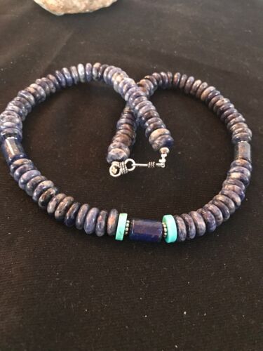 Native American Denim Lapis Turquoise Beads Necklace | Sterling Silver | Men's | 20" | 1281