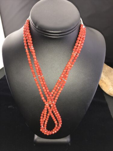 Southwestern Navajo Faceted Red Coral Bead Necklace | Sterling Silver | Authentic Native American Handmade | 01819