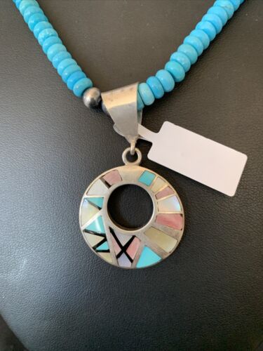 Blue Turquoise & Mother of Pearl Inlay Pendant | Sterling Silver Necklace | Navajo | 8904 - Masha USA