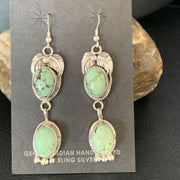 Navajo Green Spiderweb Turquoise Dangle Earrings | Sterling Silver | Authentic Native American Handmade | 13547