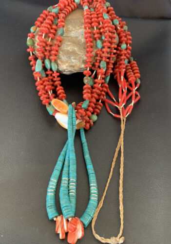 Southwestern Santo Domingo Red Coral Green Turquoise 5-Strand Jacla Necklace | 38" | Native American Handmade | 12052