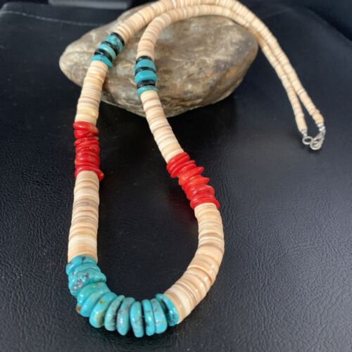 Authentic Native American Santo Domingo Necklace | Red Coral, Blue Turquoise, Onyx Shell | 22" | 13487