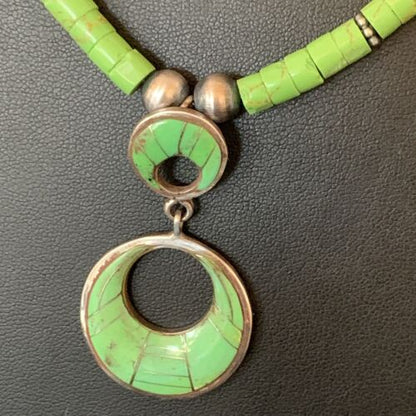 Navajo Green Gaspeite Turquoise Inlay Pendant | Sterling Silver | Authentic Native American Handmade | 12285