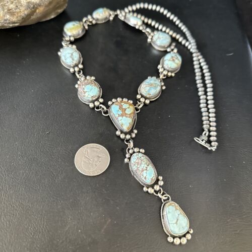 Navajo Golden Hills Turquoise Lariat Necklace | Sterling Silver | Authentic Native American Handmade | 14407