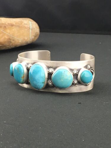 Navajo Blue Pilot Mountain Turquoise Bracelet | Sterling Silver | Authentic Native American Handmade