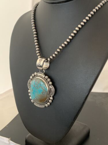 Men's Navajo Pearls Necklace Pendant | Sterling Silver | Blue Turquoise #8 | Authentic Native American Handmade | 528