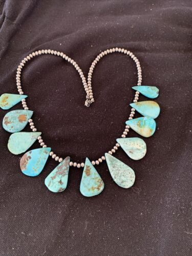 Authentic Native American Navajo Pearls Necklace | Sterling Silver & Blue Turquoise | 1451