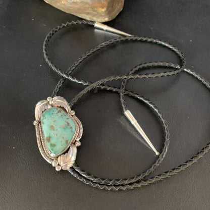 Navajo Green Royston Turquoise Bolo Tie | Sterling Silver | Authentic Native American Handmade | 14110
