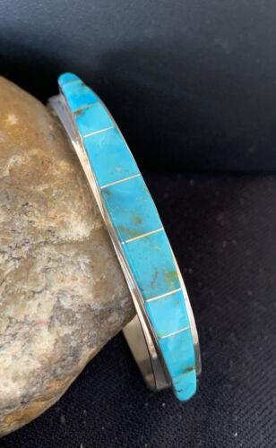 Native American Navajo Blue Turquoise Inlay Bracelet | Sterling Silver | Authentic Handmade | 00986