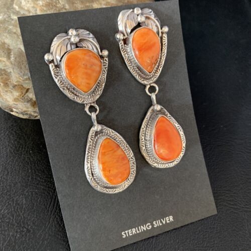 Navajo Orange Spiny Oyster Dangle Earrings | Sterling Silver | Authentic Native American Handmade | 13818