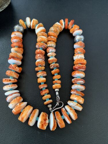 Navajo Orange Spiny Oyster & Turquoise Necklace | Sterling Silver | Authentic Native American | Graduated | 20" | 1504