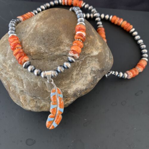 USA Navajo Pearls Sterling Necklace Orange Spiny Oyster Inlay Pendant 11317