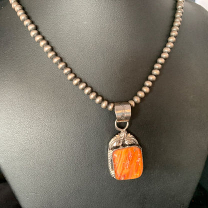 Navajo Orange Spiny Oyster Pendant | Sterling Silver | Authentic Native American Handmade | 13638