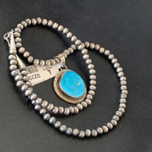 Men's Navajo Pearls Necklace with Blue Kingman Turquoise Pendant | Sterling Silver | Native American Handmade | 2202