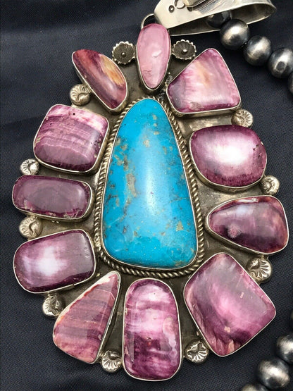 Navajo Spiny Turquoise Cluster Pendant Necklace | Sterling Silver | 6" | Authentic Native American Handmade | 1062