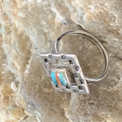 Southwestern Women's Navajo Blue Turquoise Spiny Oyster Inlay Ring | Sz 6 | 13168